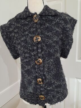 PULI Charcoal Marled Bouclé Knit Short Sleeve Cardigan Sweater - Size Medium